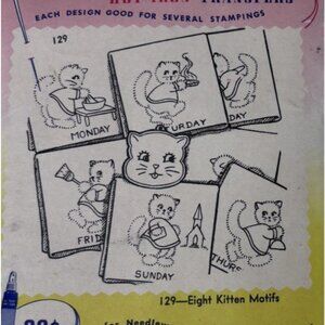 Aunt Martha's Eight Kittens Cats Hot Iron Transfer Embroidery Pattern Days